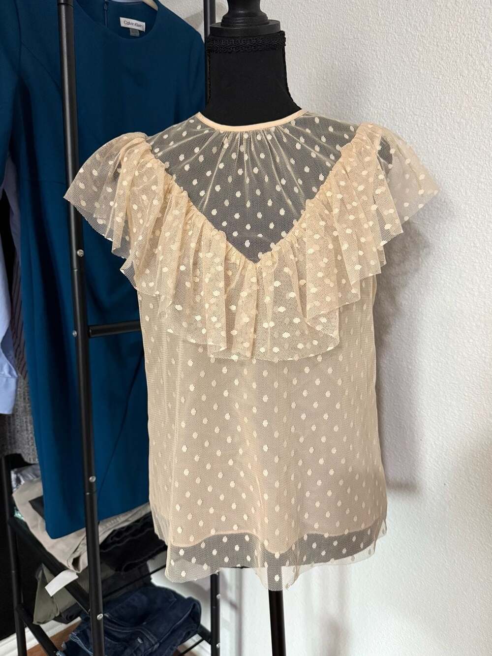 Milly Women's Beige Swiss Dot Tulle Ruffle Detail Blouse